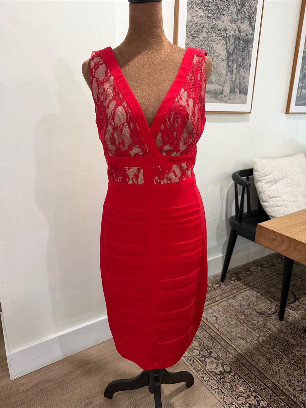 Signature by Sangria Red Lace V-Neck Midi Dress